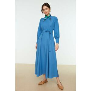 Trendyol Blue Belted Wide Cuffed Stand Collar Cotton Woven Dress kép