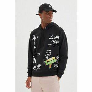 Trendyol Black Men's Oversize Hooded Long Sleeve Printed Sweatshirt kép