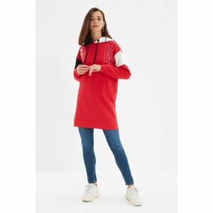 Trendyol Red Printed Hooded Long Oversize Knitted Slim Sweatshirt kép
