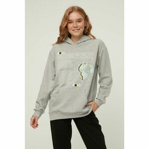 Trendyol Gray Hooded Printed Boyfriend Slim Knitted Sweatshirt kép
