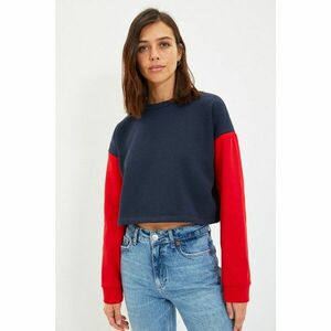 Trendyol Navy Blue Color Block Crop Thick Knitted Sweatshirt kép