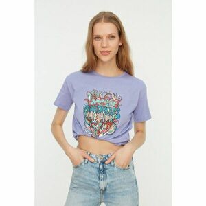 Trendyol Lilac Printed Semi-fitted Knitted T-Shirt kép