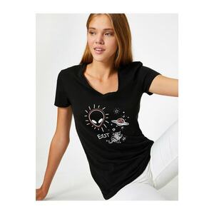 Koton 100% Cotton Short Sleeve V-Neck Printed T-Shirt kép