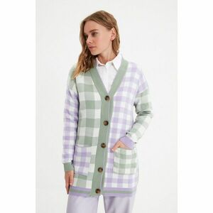 Trendyol Mint-Lilac Color Block Checkerboard Pattern Long Knitwear Cardigan kép