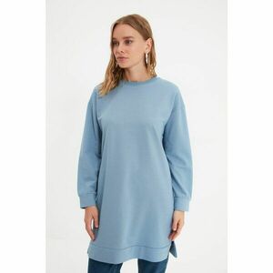 Trendyol Blue Crew Neck Slit Detailed Basic Knitted Sweatshirt kép