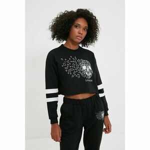 Trendyol Black Crop Printed and Raised Knitted Sweatshirt kép