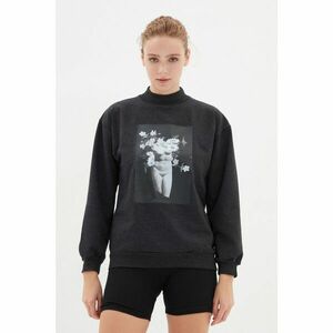 Trendyol Anthracite Stand Collar Loose Printed Slim Knitted Sweatshirt kép