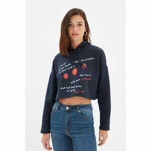 Trendyol Navy Blue Crop Hoodie Printed Slim Knitted Sweatshirt kép