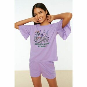 Trendyol Lilac Frilly Printed Knitted Pajamas Set kép
