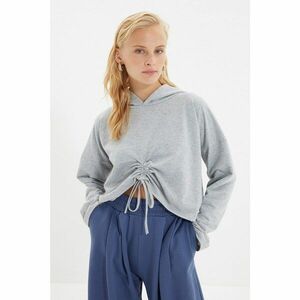 Trendyol Gray Pleated Hooded Crop Knitted Slim Sweatshirt kép