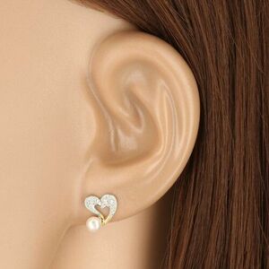 9K kombinált arany fülbevaló - szív szabálytalan vonalakkal, cirkóniák, gyöngy, stekker zár kép