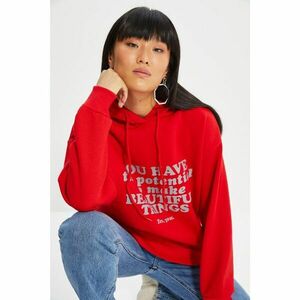 Trendyol Red Printed Hooded Loose Pattern Knit Raised Sweatshirt kép