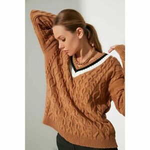 Trendyol Camel Oversize V Neck Knitwear Sweater kép