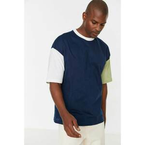 Trendyol Navy Blue Men's Oversize Fit Short Sleeve Crew Neck Paneled T-Shirt kép