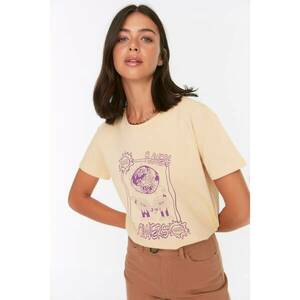Trendyol Beige 100% Organic Cotton Printed Semi Fitted Knitted T-Shirt kép