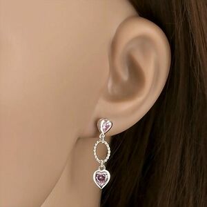 925 ezüst fülbevaló, két rózsaszín cirkóniás szív, díszített ovális kép