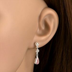 Beszúrós fülbevaló, rózsaszín cirkóniás csepp, átlátszó kövek, 925 ezüst kép