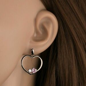 Fülbevaló 925 ezüstből, acélszürke szív körvonal, rózsaszín szív, átlátszó cirkónia kép