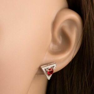 925 ezüst fülbevaló, háromszög kontúr - átlátszó cirkóniák, kerek piros kő kép