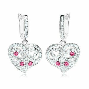 Szett - 925 ezüst fülbevaló és medál, átlátszó szív, spirálok, rózsaszín cirkóniák kép