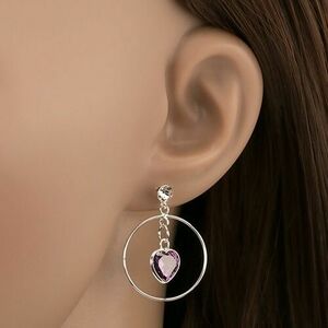 Fülbevaló 925 ezüstből, lila cirkóniás szív, vékony karika kép