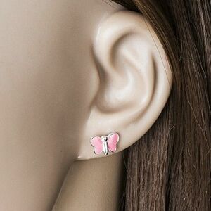 925 ezüst stekkeres fülbevaló - fényes pillangó rózsaszín fénymázzal kép