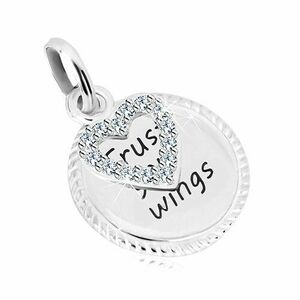 925 ezüst medál - kör "Trust your wings" felirattal, szív cirkóniákkal kép