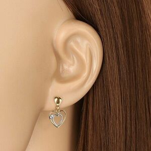 9K kombinált arany fülbevaló - dupla szív kontúr, kis lapos szív, cirkóniával kép