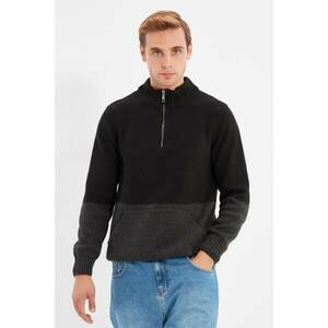 Trendyol Black Men Regular Zippered Half Fisherman Color Block Kangaroo Pocket Sweater kép