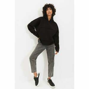 Trendyol Black Kangaroo Pocket Hooded Oversize Knitted Raised Sweatshirt kép