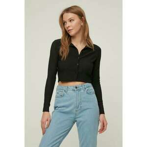 Trendyol Black Buttoned Polo Neck Crepe Crop Knitted Blouse kép
