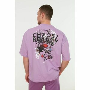 Trendyol Lilac Men's Oversize Fit 100% Cotton Crew Neck Short Sleeve Printed T-Shirt kép