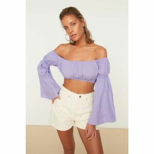 Trendyol Lilac Long Flounce Sleeve Carmen Collar Crop Blouse kép