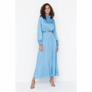 Trendyol Blue Belted Collar and Cuff Draped Detailed Woven Hijab Evening Dress kép