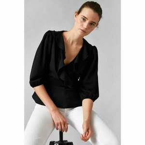 Koton Women's Black Long Sleeve Ruffle V-Neck Crepe Blouse kép