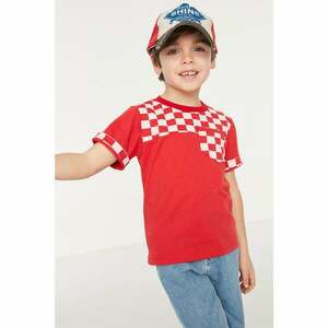 Trendyol Red Checker Pattern Boy Knitted T-Shirt kép