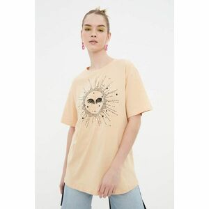 Trendyol Beige Printed Boyfriend Knitted T-Shirt kép