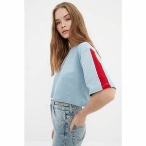 Trendyol Light Blue Stripe Detailed Loose Crop Knitted T-Shirt kép