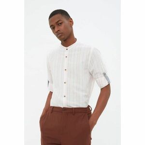 Trendyol Beige Men's Slim Fit Collar Striped Shirt With Epaulettes kép