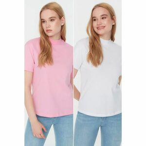Trendyol Pink-White Stand Up Collar 2-Pack Basic Knitted T-Shirt kép