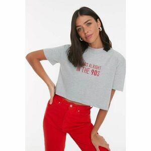 Trendyol Gray Printed Crop Stand Up Knitted T-Shirt kép