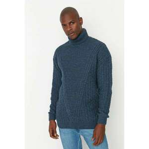 Trendyol Indigo férfi túlméretes garbó texturált kötöttáru pulóver kép