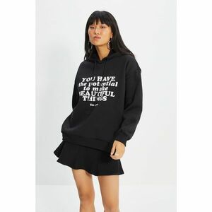 Trendyol Black Printed Hooded Knit Raised Sweatshirt kép