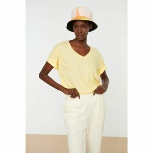 Trendyol Yellow 100% Cotton Single Jersey V-Neck Boyfriend Knitted T-Shirt kép
