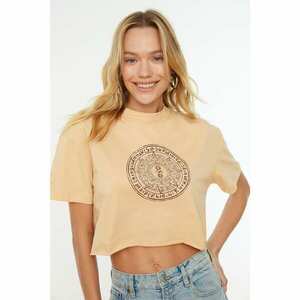 Trendyol Beige Printed Crop Knitted T-Shirt kép