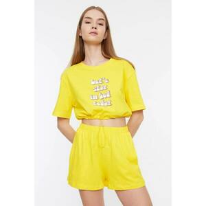 Trendyol Yellow Slogan Printed Crop Knitted Pajamas Set kép