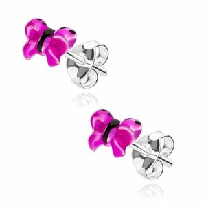 925 Ezüst fülbevaló - rózsaszín-lila mázzal díszített pillangók, stekkeres zárral kép