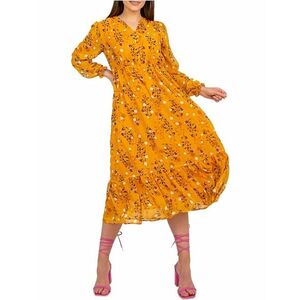 Sötétsárga virágos midi ruha hosszú ujjal kép