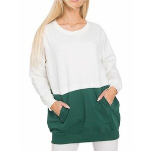 Zöld-fehér női pulóver zsebekkel kép