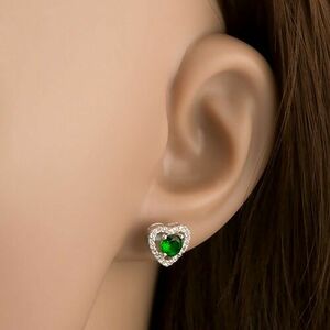 925 ezüst fülbevaló, kerek zöld cirkónia csillogó szív körvonalban, kivágások kép